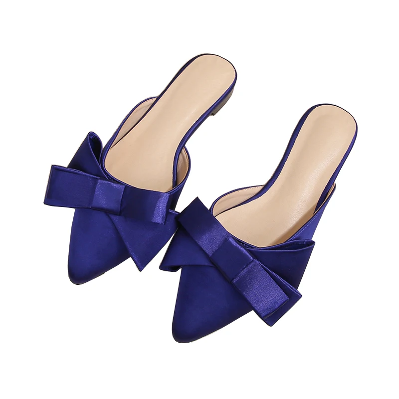 Silk Pointed Toe Flat Slippers Women's Outer Wear Summer Net Red All-match Fashion Bow Baotou Sandals and Slippers