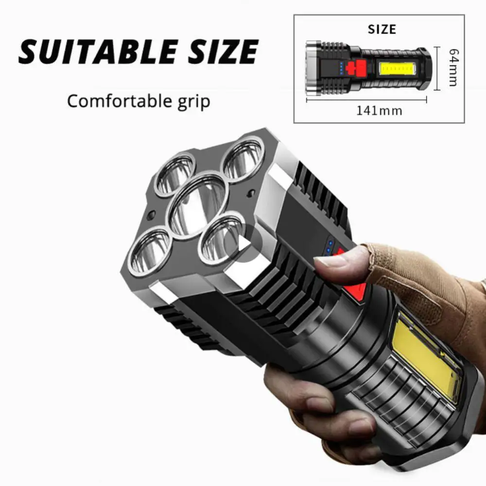 

High Power Five-cell LED Flashlights USB Rechargeable Powerful Torches Super Bright Torches COB Portable Light Camping Lantern