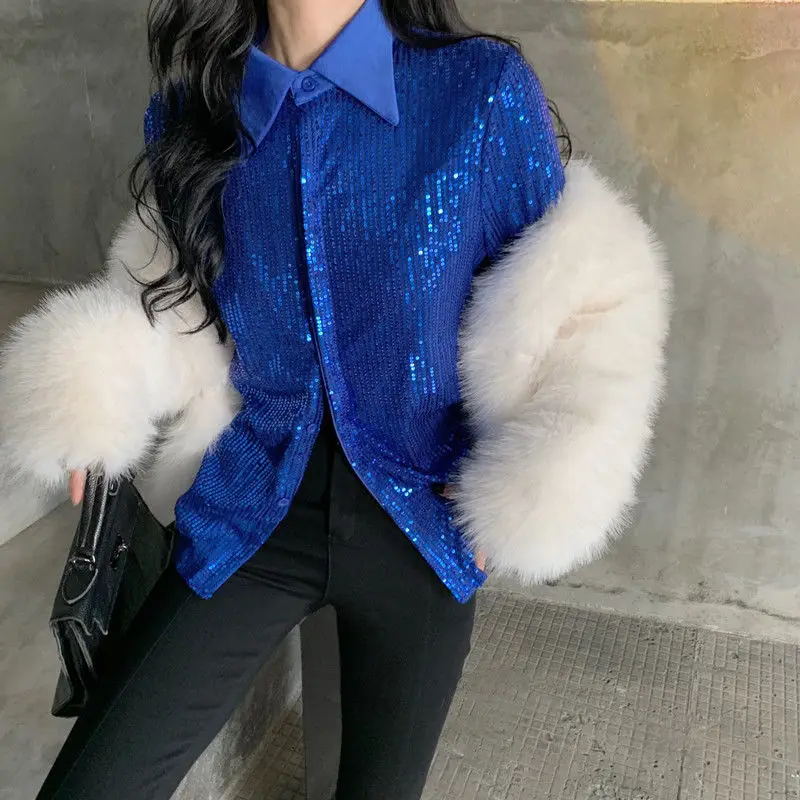 

Winter Spring Slim Kleinblue Sequined Shirts Shiny Mesh Spliced Blouses OL Beaded Turn Down Collar Long-sleeved Crop Tops Blusas