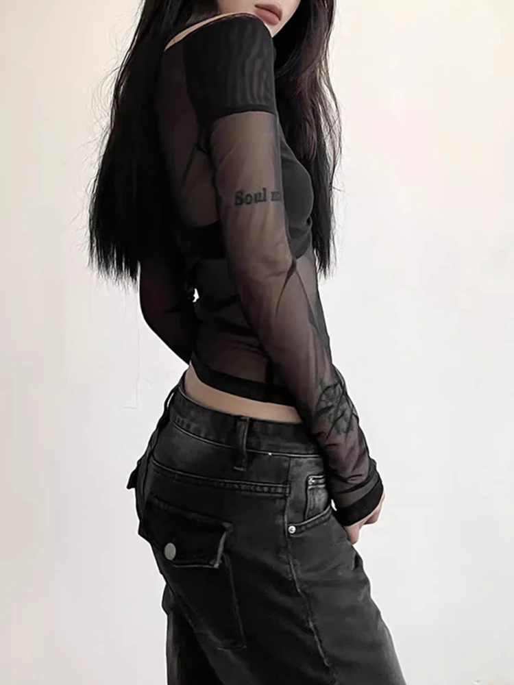 Футболка RORORIRI женская прозрачная сетчатая ретро черный топ с вырезом и V-образным