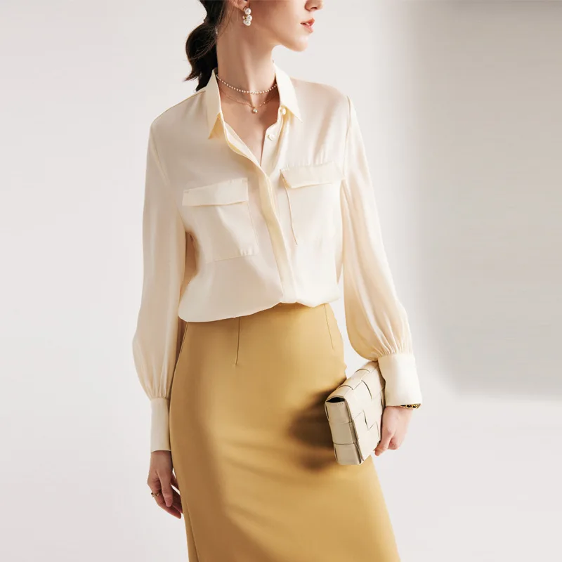 

Women 90% Mulberry Silk Blouse Female Real Silk Long-sleeved Shirt Classic Pocket Solid Color Top 2023 New Spring And Summer