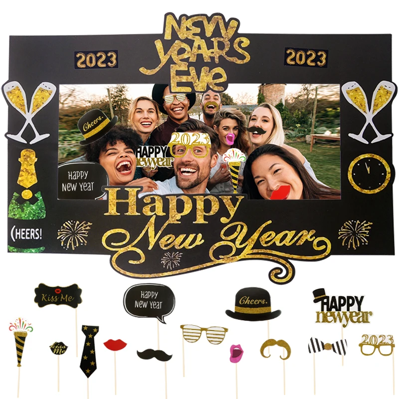 

2023 Happy New Year Photo Booth Frame Kids Adult New Year Eve Party Decoration Paper Photobooth Props Christmas New Year Gift
