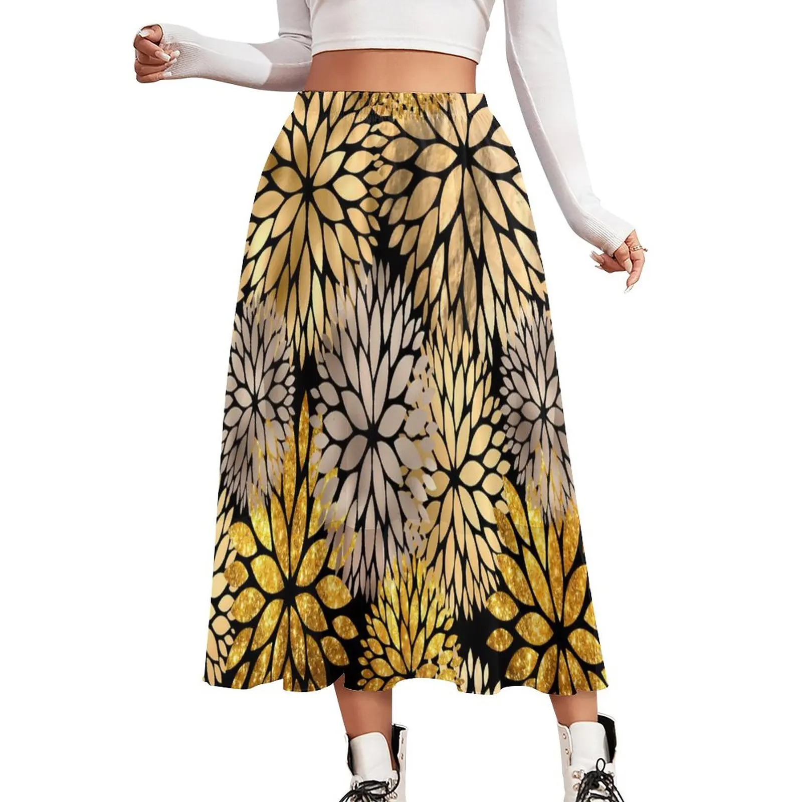 

Gold Floral Print Skirt Female Modern Flowers Modern Boho Skirts Pattern Elastic Waist Street Wear Casual Skirt Big Size