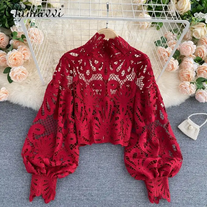 

Fashion Design Lace Shirt Hollow Out 2022 Summer New Versatile Tops Stand Collar Puff Sleeve Loose Sexy Short Women's Blouse