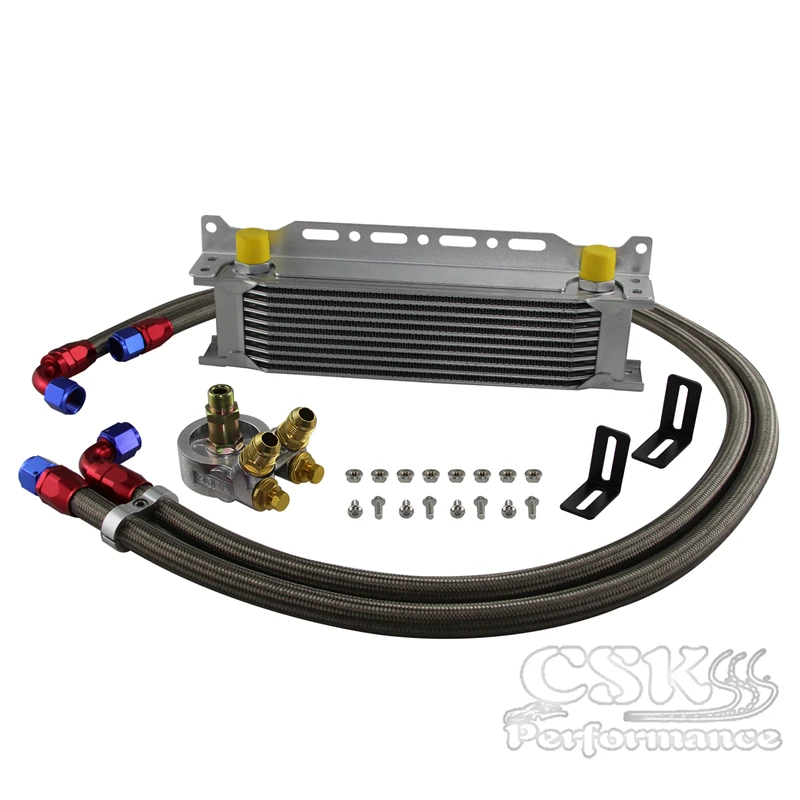 10 Row Engine Oil Cooler w/ Thermostat 80 Deg Filter Adapter Kit Silver / Black |