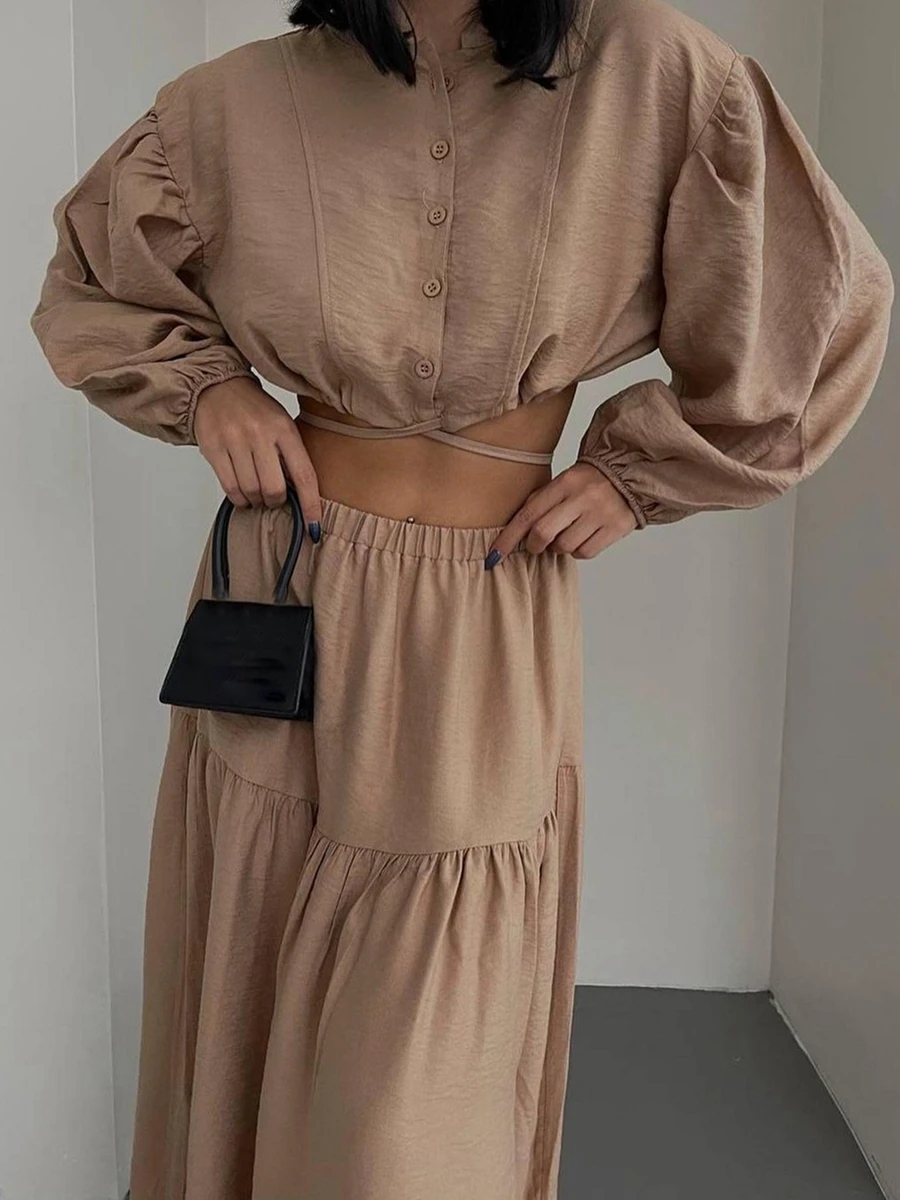 

Women Solid Color Skirt Sets Long Sleeve Button Down Crop Top and Side Split Pleated Skirt Outfits