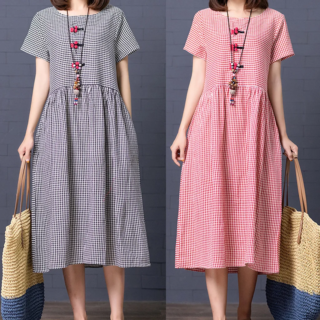 

Женские хлопковые и льняные свободные разноцветные платья с коротким рукавом и пряжкой в клетку и в стиле пэчворк, Длинные и Короткие повсе...