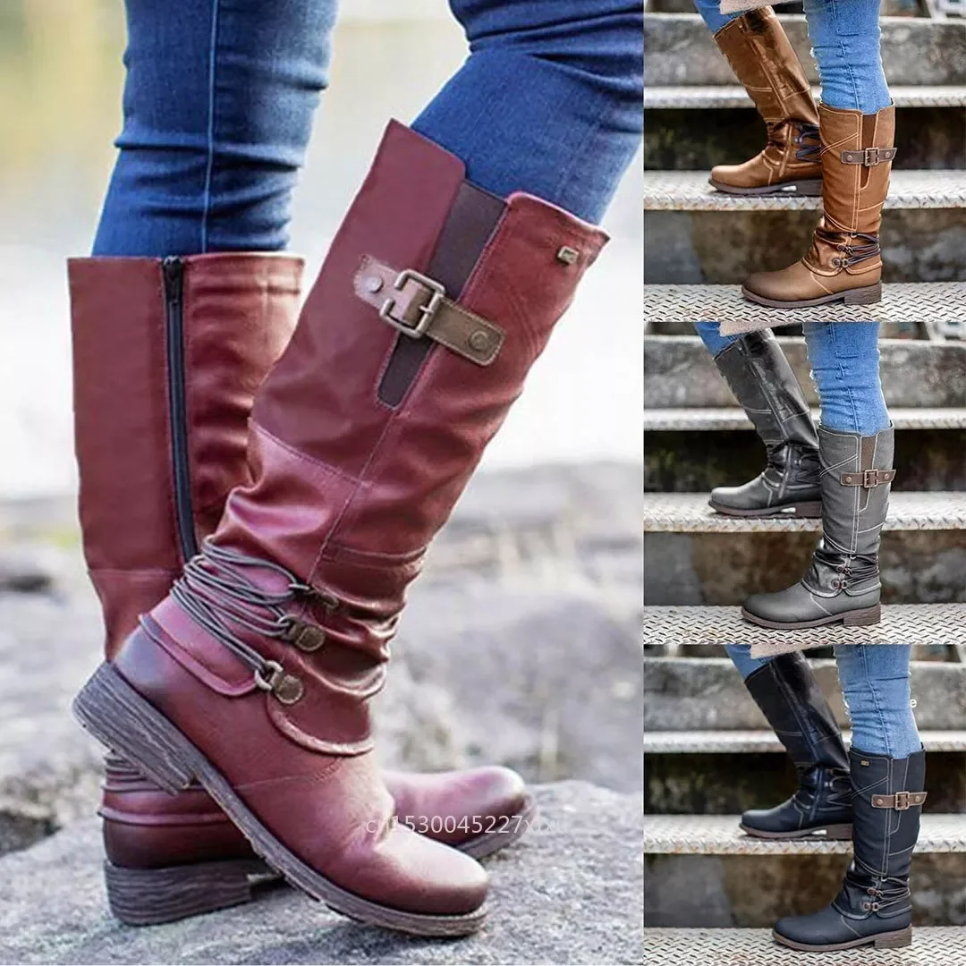 

2023NEW Women Vintage Leather Zipper High Snow Boots Basic Mid-Calf Boots Round Toe Zip PlatformShoes Warm Lace Up Boots Shoes