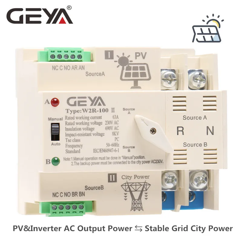 Interruptor de transferencia automática de energía fotovolática en red GEYA W2R, carril Din 2P 63A 100A AC220V 110V ATS PV, solo uso de energía