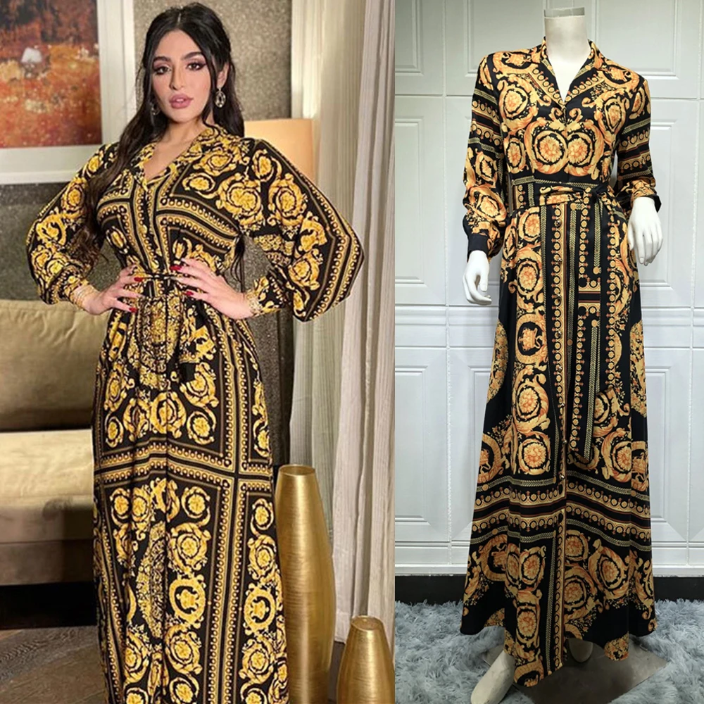 

Ramadan Arabic Dubai Muslim Print Maxi Dresses for Women Long Sleeve Kaftan Dress Islam Moroccan Elegant Party Gown Vestidos Eid
