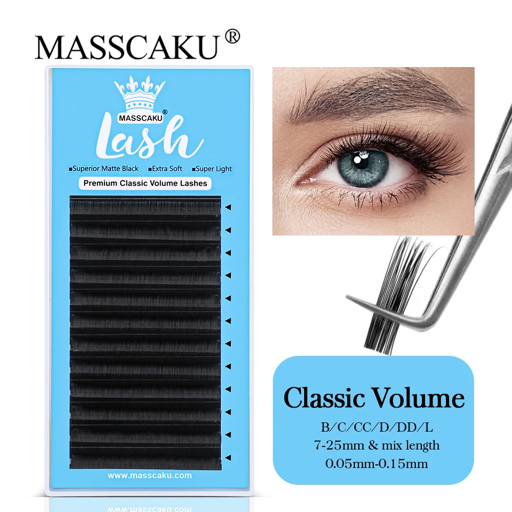 

Masscaku Lash Extension12 Rows 0.05mm D Curl 8-15mm Mixed Classic Eyelash Extension Matte Black Individual Lashes