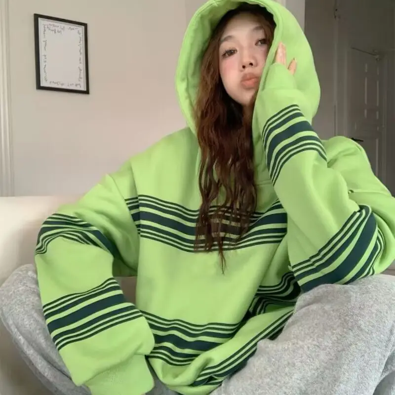 

2022 New Korean Loose Plush Stripe Long Sleeve Hoodie for Women Free Shipping