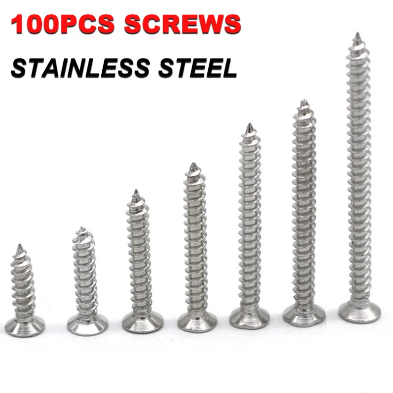 

100pcs Hardened Stainless Steel Self Tapping Screw Precision Cast Rust Proof High Quality Countersunk Screw for Wooden Working
