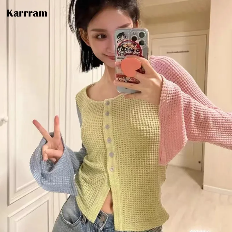 Корейский модный лоскутный кардиган Karrram с вырезами в ленивом стиле вязаный свитер с длинным рукавом Y2k эстетичная шикарная Дизайнерская одежда