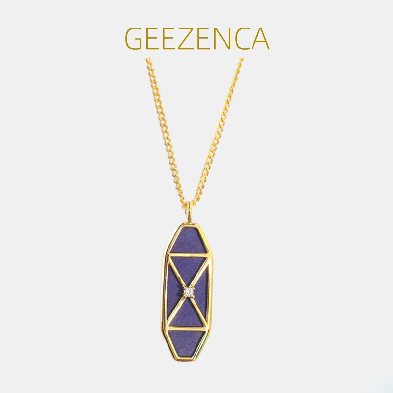 

GEEZENCA 925 Silver Gold Plated Lapis Lazuli Geometric Pendant Necklace For Women Trendy Simple Natural Stone Choker Necklaces