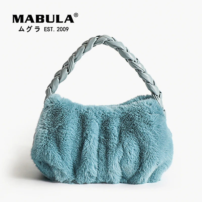 

MABULA Fluffy Faux Fur Women Top Handle Dumpling Bag Plaited Design Cloud Shape Fuzzy Clutch Purse 2022 Fashion Phone Pouch
