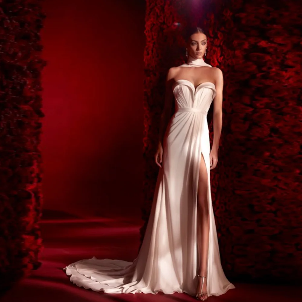 

Solid Formal Evening Dresses Sweetheart Neck Sleeveless Prom Dress Backless Front Slit Floor-Length Robe De Soiree فساتين السهرة