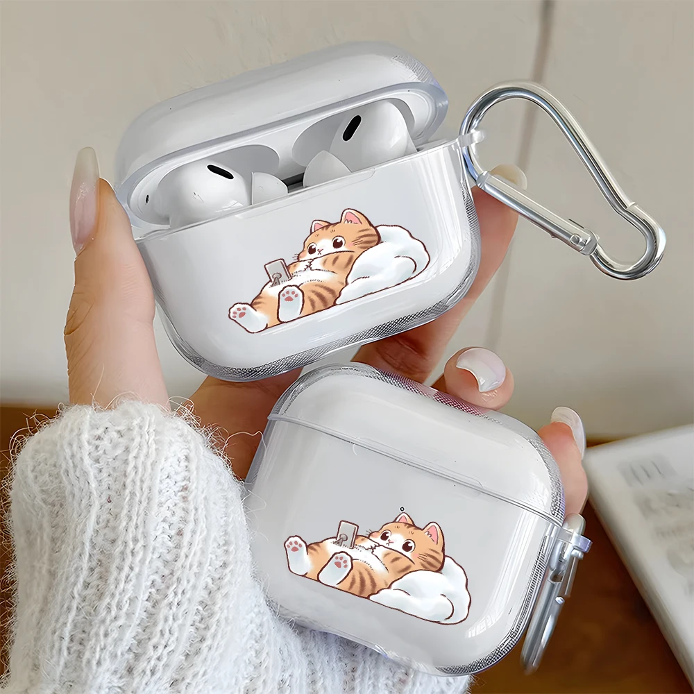 Фото Прозрачный чехол для наушников с рисунком ленивого оранжевого кота для AirPods Pro 3/Pro 2/Pro, чехол для наушников AirPods 1/2/3/4, защитный чехол из ТПУ №2