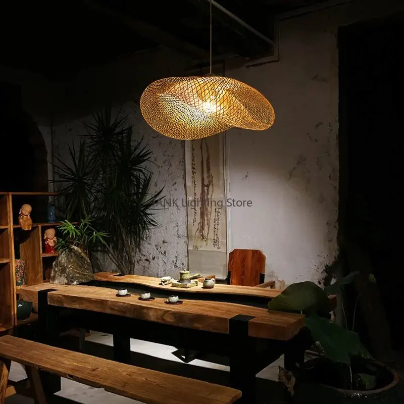 Chinese Handmade Bamboo Suspension Lamp Wicker Rattan Wave Shade Pendant Lamps Restaurant Aisle Tea Room House Lndoor Lighting images - 6