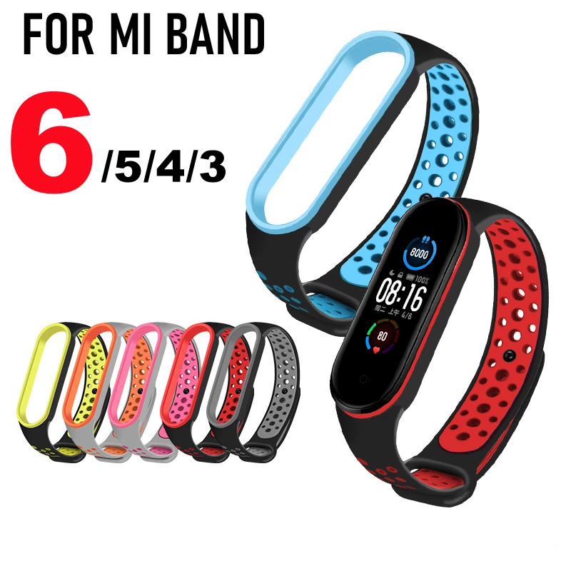 Suit for Xiaomi Band 3 4 5 6 Wristband Dual Color Breathable Silicone Strap on MiBand 6 5 4 3 Bracelet Belt For Mi Band 6 5 NFC