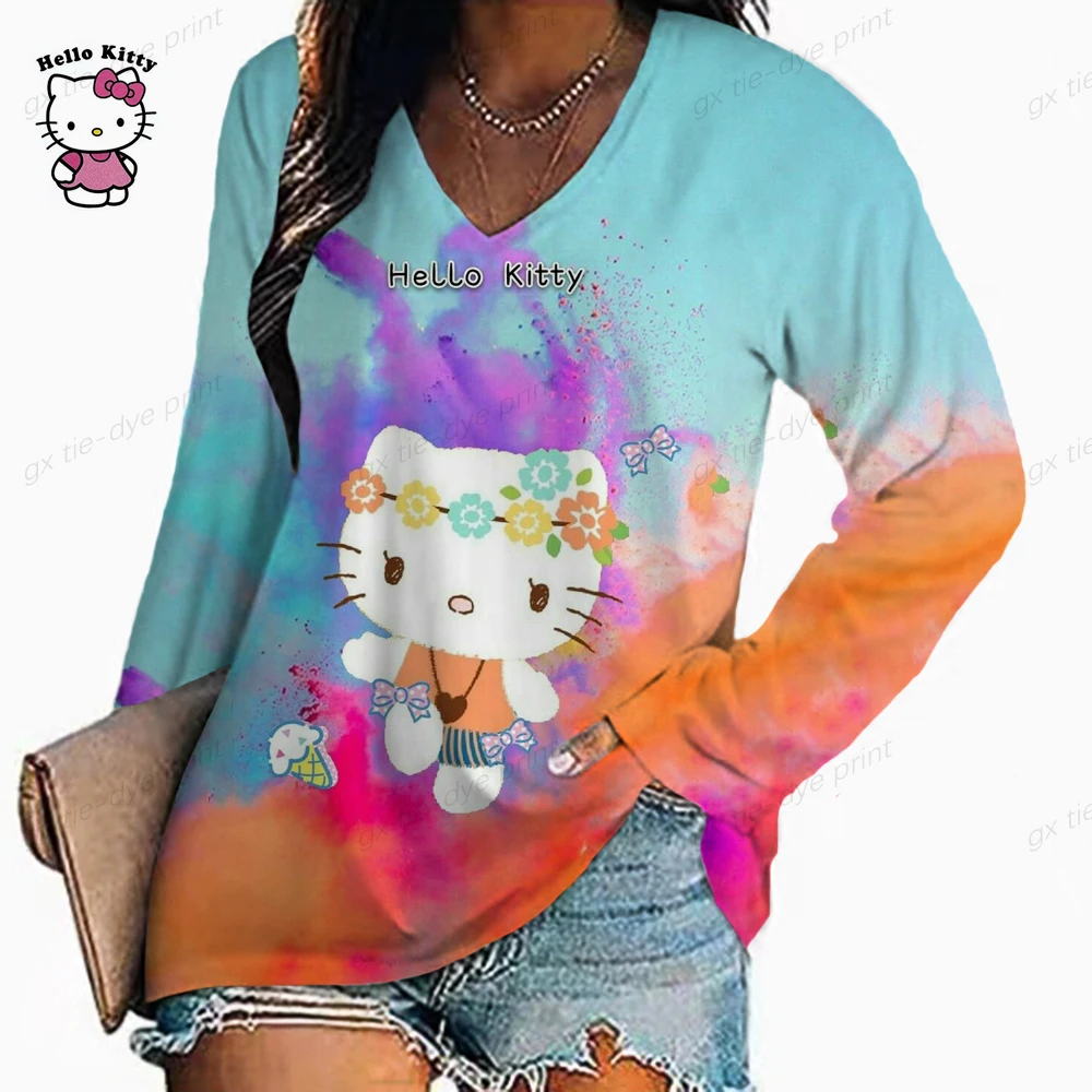

Новая модная женская трехмерная футболка с рисунком Hello Kitty, женские топы с коротким рукавом, пуловер с V-образным вырезом, милые футболки для...