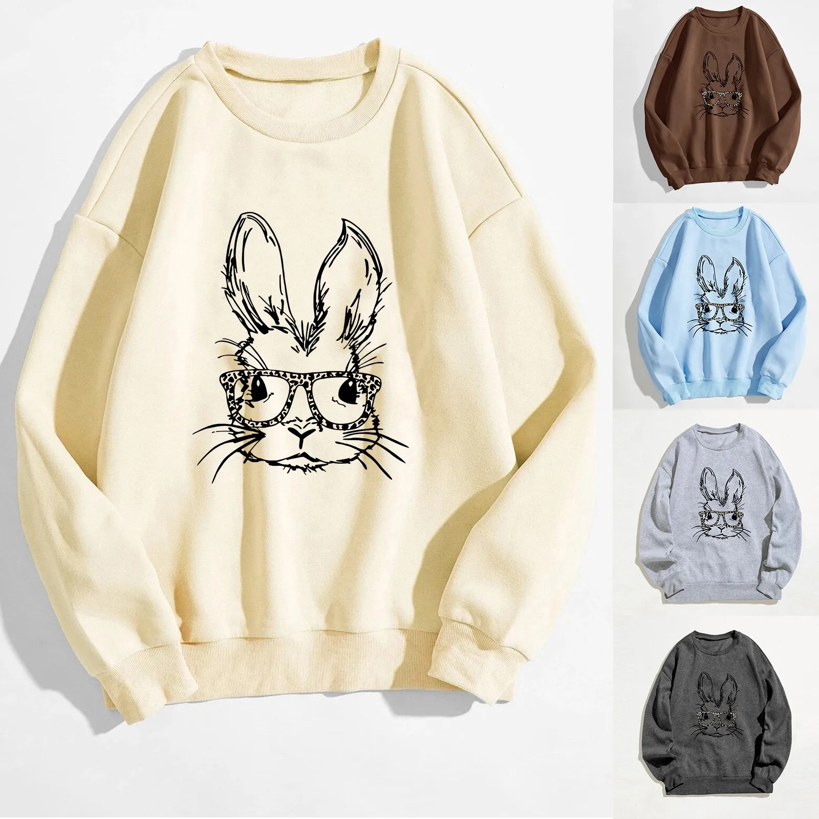 

Easter Womens Casual Long Sleeve Crew Neck Rabbit Printed Pullover Hoodless Sweatshirts Fit casual Jogging Outerwear