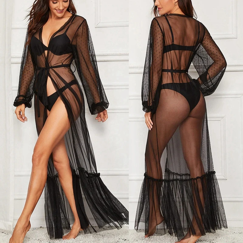 

Sexy Women Erotic Nightdress Nightgown Lace Long Sleeve Sleepwear Gown Black Robes Chemise Dress with Belt Perspective Sheer