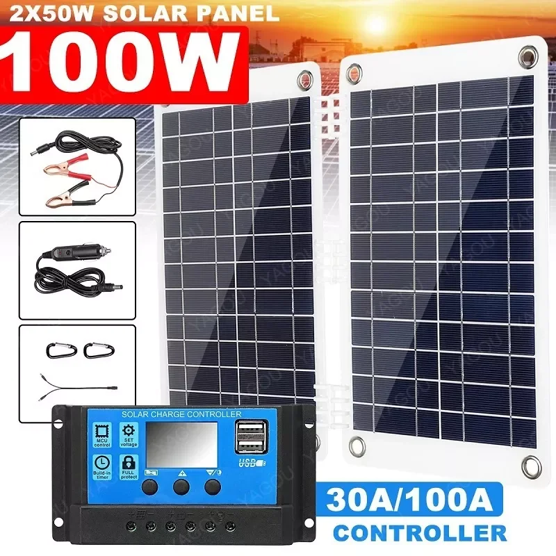 

2023NEW 100W Folding Solar Panel Set Complete Flexible Plate 12V Outdoor Solar Cell Safe Charging Kit for Motor Car RV Battery H