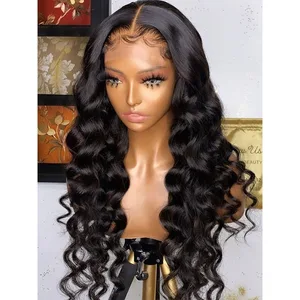 26Inch Long Soft Loose Deep Wave Wig Natural Black Glueless Lace Front Wig For Women Babyhair Preplucked Heat Resistant Fiber