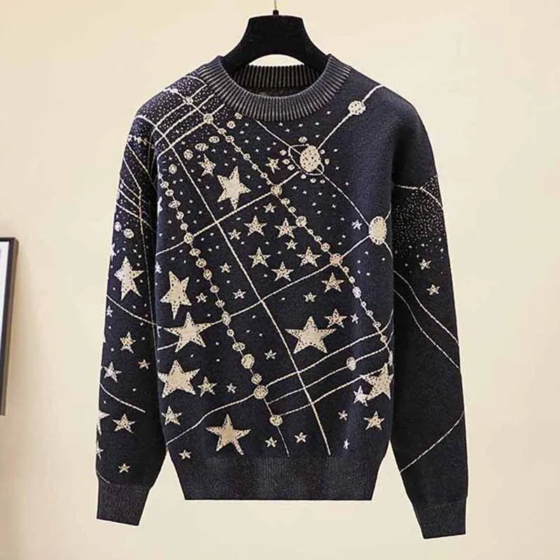 

Celebrity Style Star Cartoon Jacquard Sweater Women's Pullover Loose Slouchy Bottom Knitwear Autumn and Winter Thick Tops SY2422