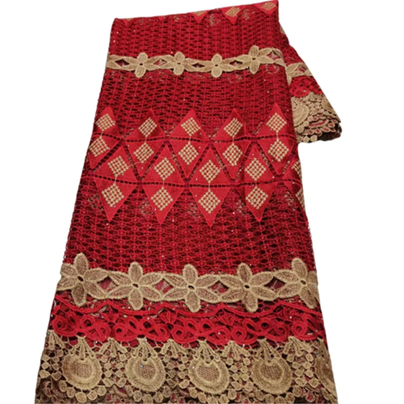 

Red Guipure Cord Lace Embroidery Milk Silk High Quality African French Tulle Lace Fabric New Design Wedding Materials
