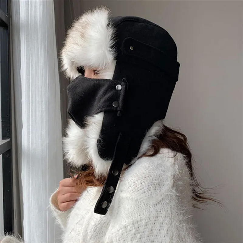 

Trapper Aviator Cap Women Fashion Winter Faux Rabbit Fur Earflap Snow Caps Warm Vintage Female Flaps Ski Hat New Bomber Hats