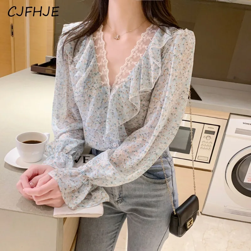 CJFHJE весенний французский милый женский кружевной шифоновый топ с V-образным