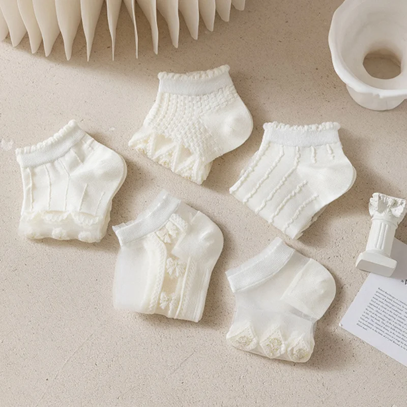 5Pairs Crystal Filament Women Socks Summer Thin Hollow Cool Breathable Flowers White Invisible Boat Socks Mesh Ultra-thin Sock