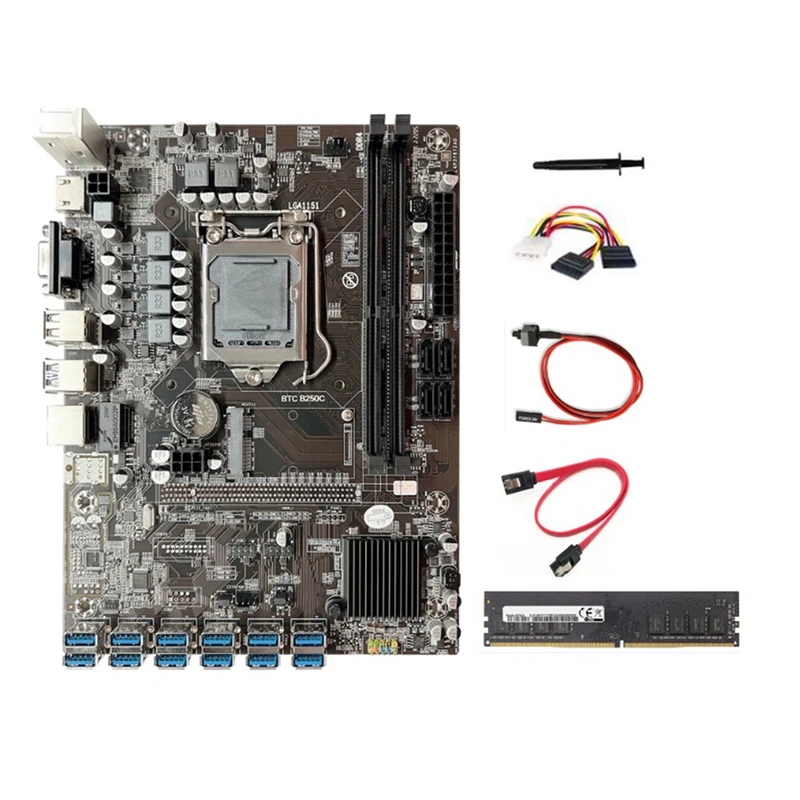 

B250C BTC Mining Motherboard 12GPU PCIE To USB3.0 LGA1151 DDR4 8GB 2133Mhz RAM+4PIN To SATA Cable+Switch Cable ETH Miner