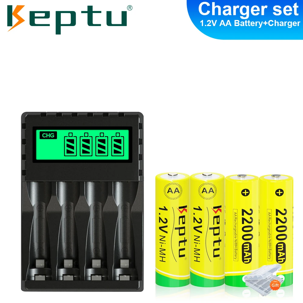 

KEPTU 4PCS 2200mAh 1.2V AA Rechargeable Batteries Ni-MH +1.2V AA AAA LCD Smart Charger