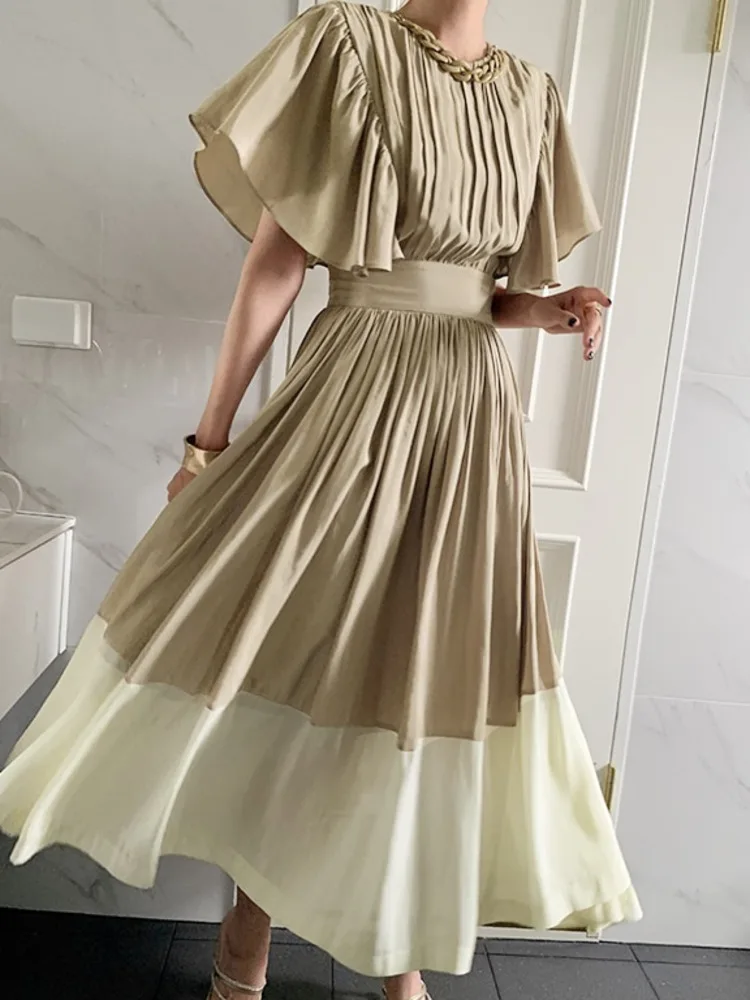 

Korean Dress Chic Elegant Temperament Round Neck Pleated 2022 Summer New Design Thin Waist Flying Sleeves Female Dresses