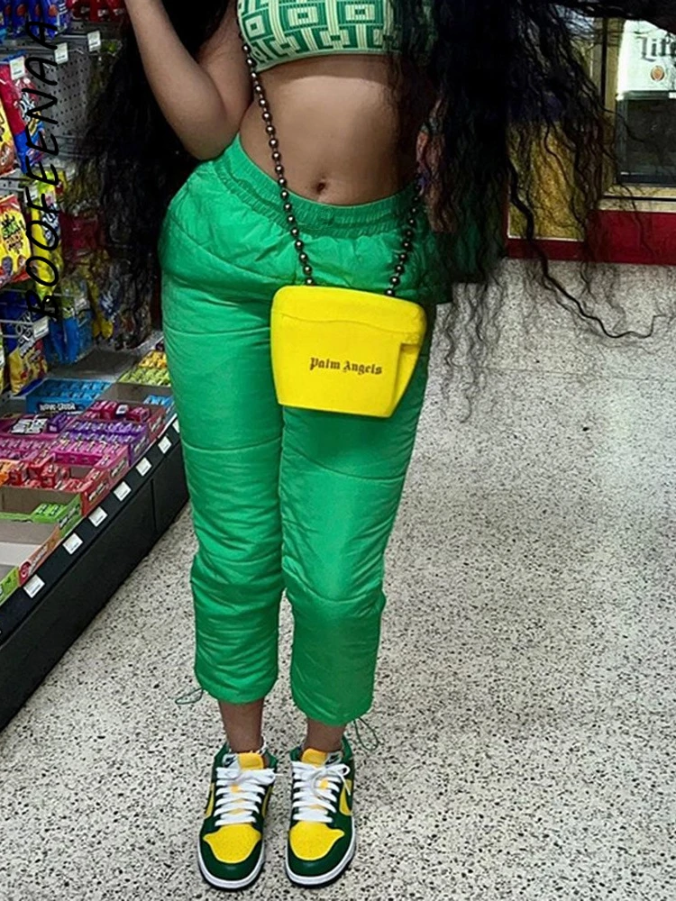 

BOOFEENAA Green Warm Quilted Puffer Pants Winter 2023 Streetwear Women Elastic Waist Drawstring Sweatpants Joggers C82-DH32