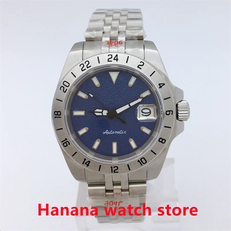 

BLIGER 40mm NH35 automatic men's Watch Blue Dial Date Luminous Sapphire glass 24-hour fixed bezel Stainless steel Jubilee Bracel