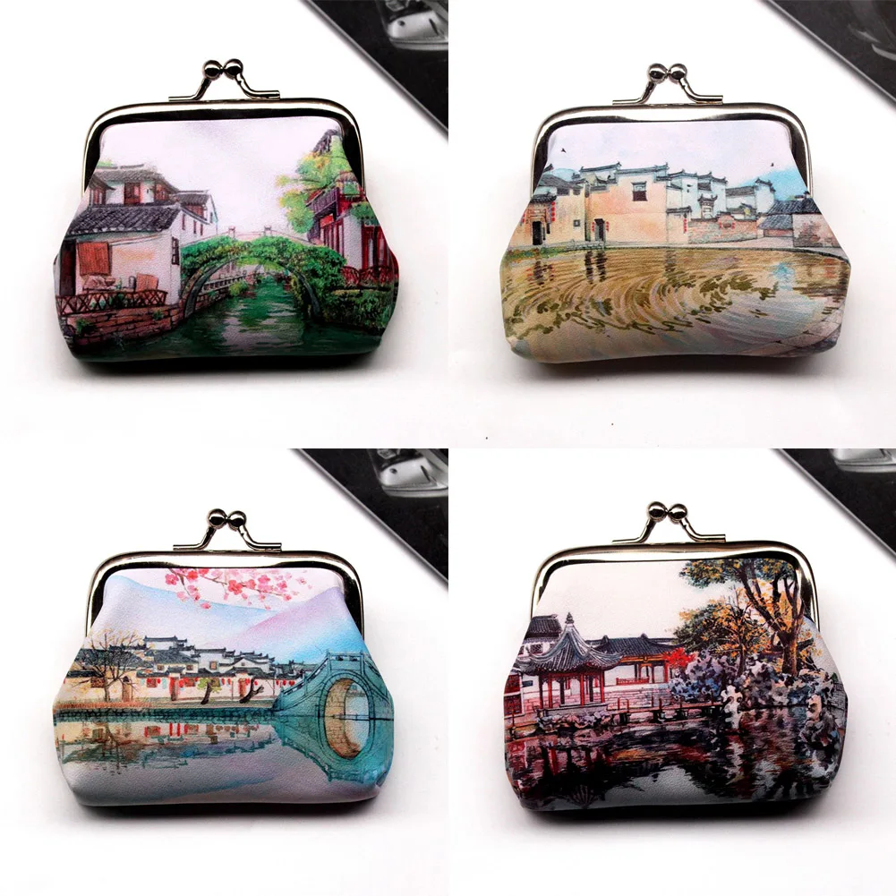 

Small Wallet Women Mini Printing Coin Purses Hasp Cash Card Handbags Clutch Money Change Bag Town Scenery Printing
