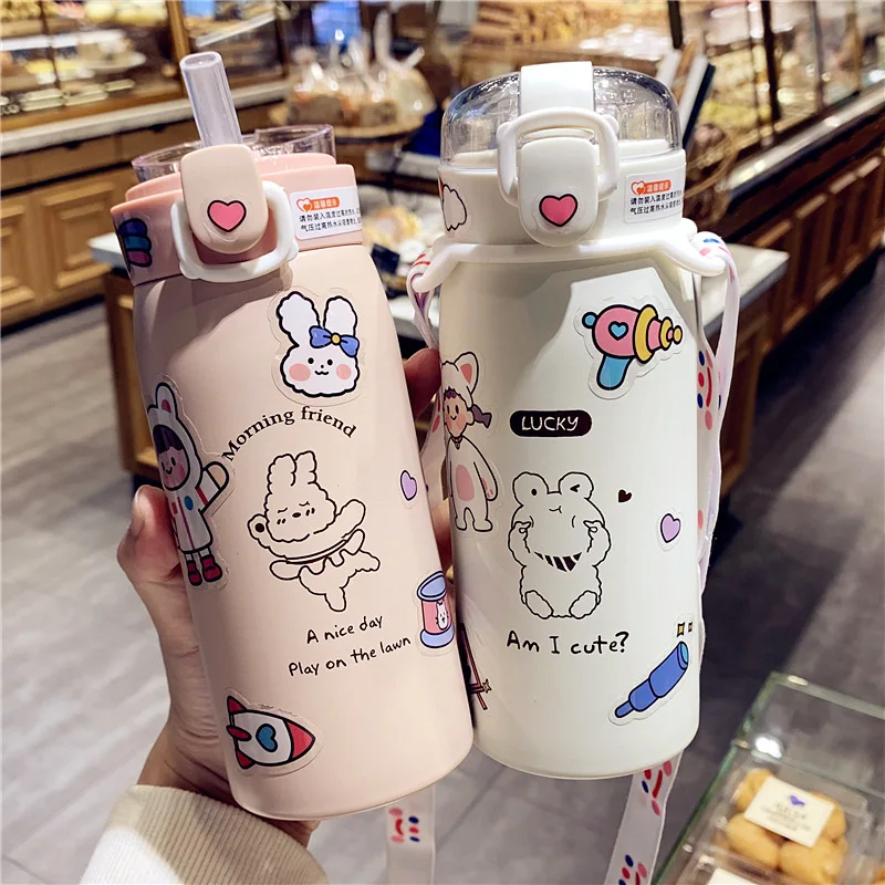 

500ml/350ml Cute Water Bottle Thermos Cup Portable Kawaii Thermos Bottle with Straw and Stickers Kid Stainless Steel Thermal Mug