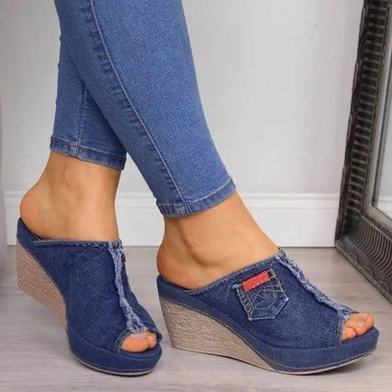 

Comemore New Female Shoes Denim Platform Wedges High Heel Women Sandals Woman Summer Wedge New 2022 Ladies Spring Slippers Black