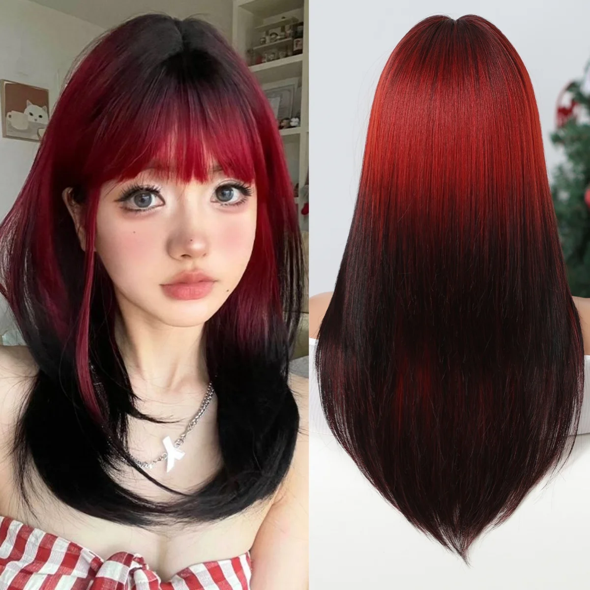 Длинный Прямой Красный Синтетический Парик ESIN С Челкой Термостойкий Малиновый