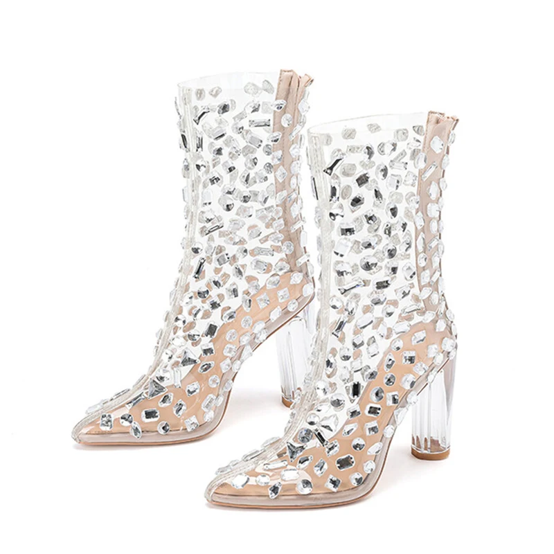 Женские ботильоны из прозрачного ПВХ короткие ботинки на массивном каблуке с