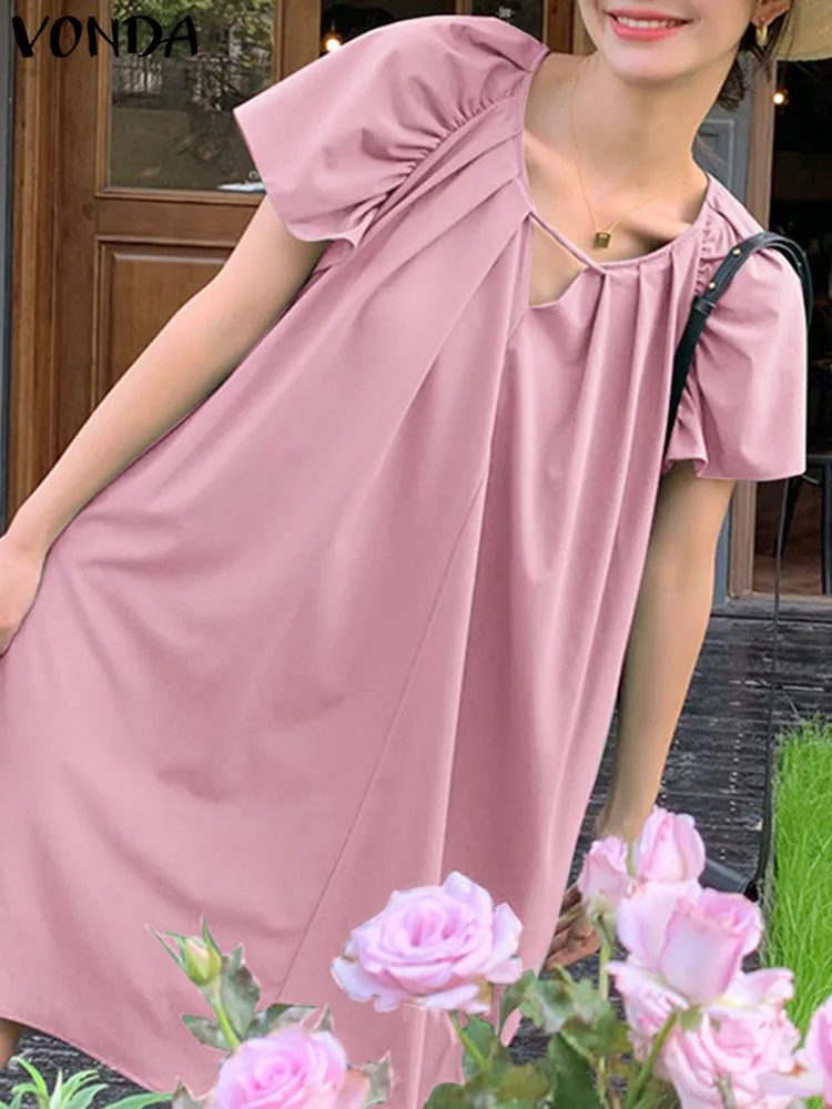 

Летнее повседневное мини-платье VONDA 2023, Женский пикантный Однотонный сарафан с V-образным вырезом, свободное плиссированное платье-трапеция с коротким рукавом, женское платье