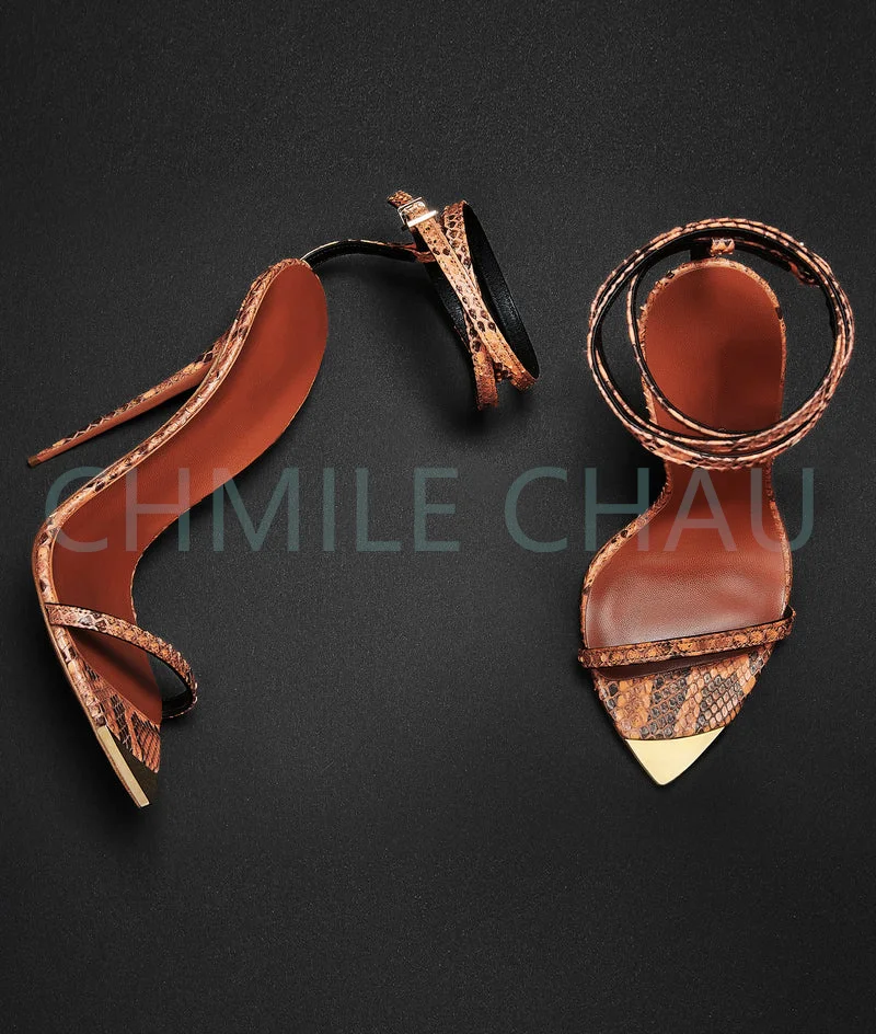 High Quality Sandal Woman Summer 2023 New Pointed Toe Ankle Strap Snake Thin High Heel Sexy Stiletto Lady Designer Shoe 2-CHC-32