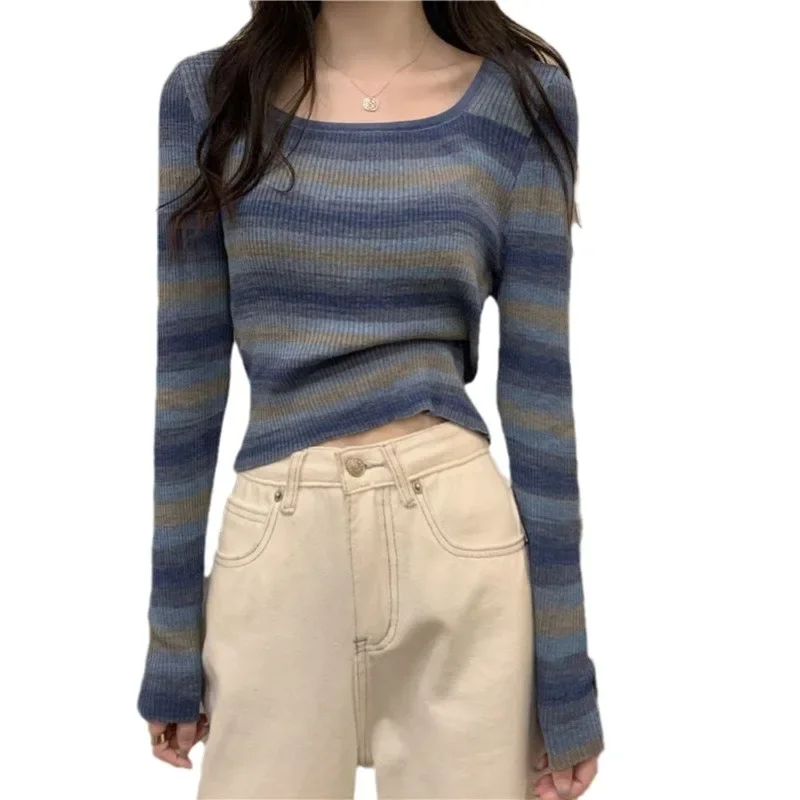 Новинка 2024 корейский стиль утягивающий женский вязаный топ с длинными рукавами