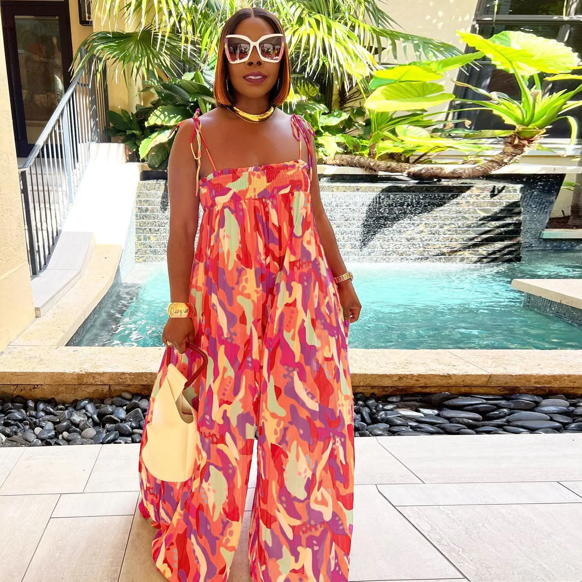 Plus Size Women Elegant Jumpsuit Ruffle Sleeveless Print One Piece Cloth Female Wide Leg Pant 2023 Summer Fashion Long Jumpsuit