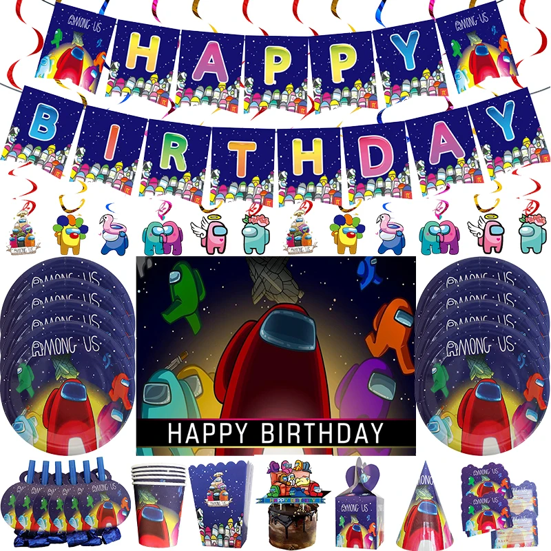 

Space Game Among Theme Birthday Party Supplies Cup Plate Banner Tablecloth Cake Decor Disposable Tableware Baby Shower Supplies