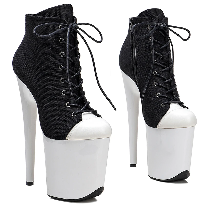 Leecabe  20CM/8inches ankle boots white with  black upper  for  lady party  High Heel platform Pole Dance boot